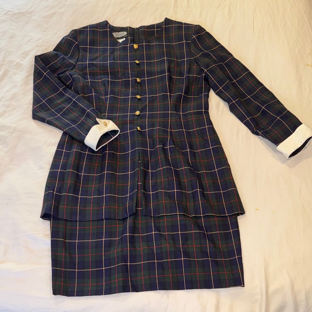 Navy Tartan Plaid Two-Piece Skirt Suit Dress with Gold Buttons